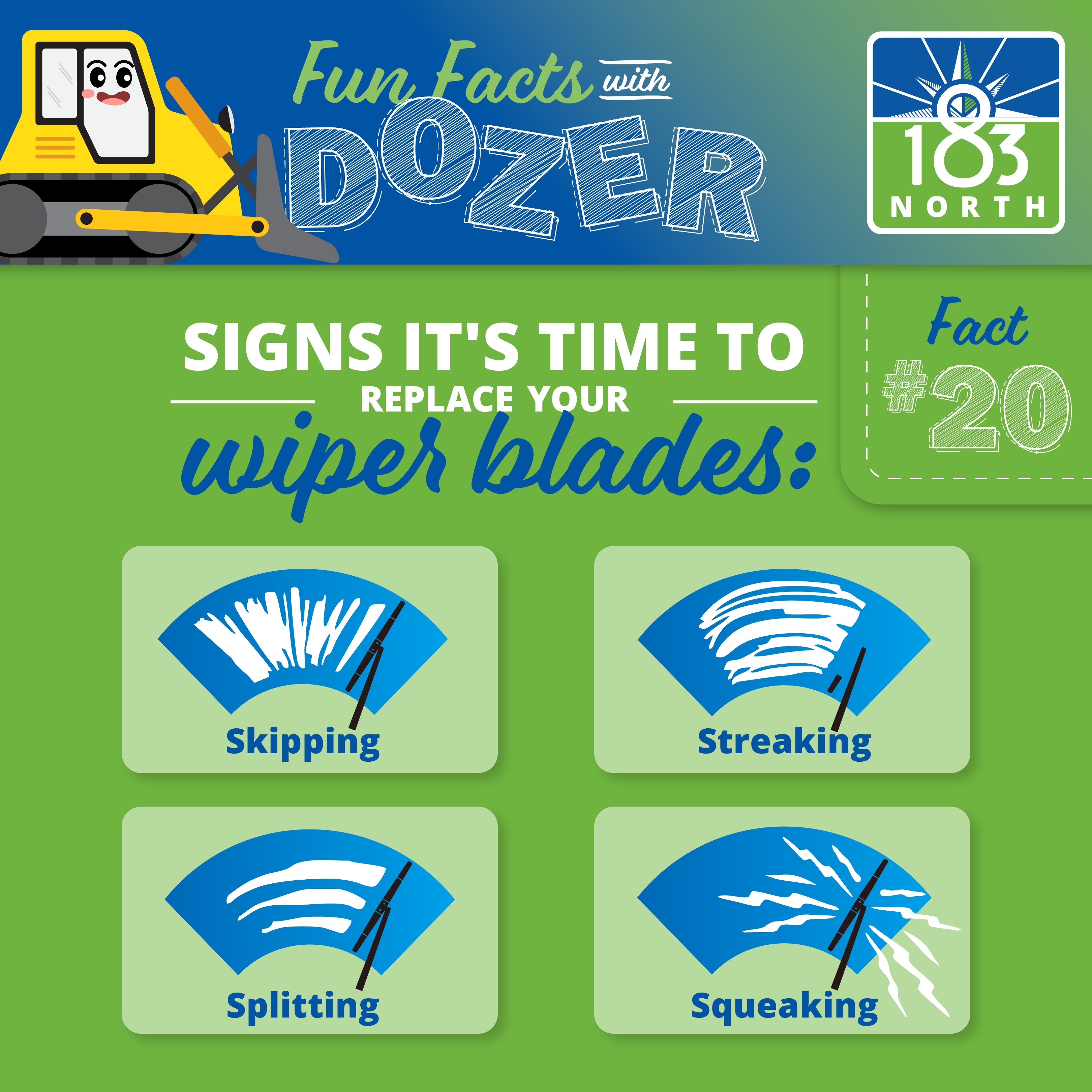 Fun Fact #20: Signs it’s time to replace your wiper blades: Skipping , Streaking, Splitting, Squeaking. Four separate images show white lines of what windshield wipers look like when they’re skipping, streaking, splitting, and squeaking. 